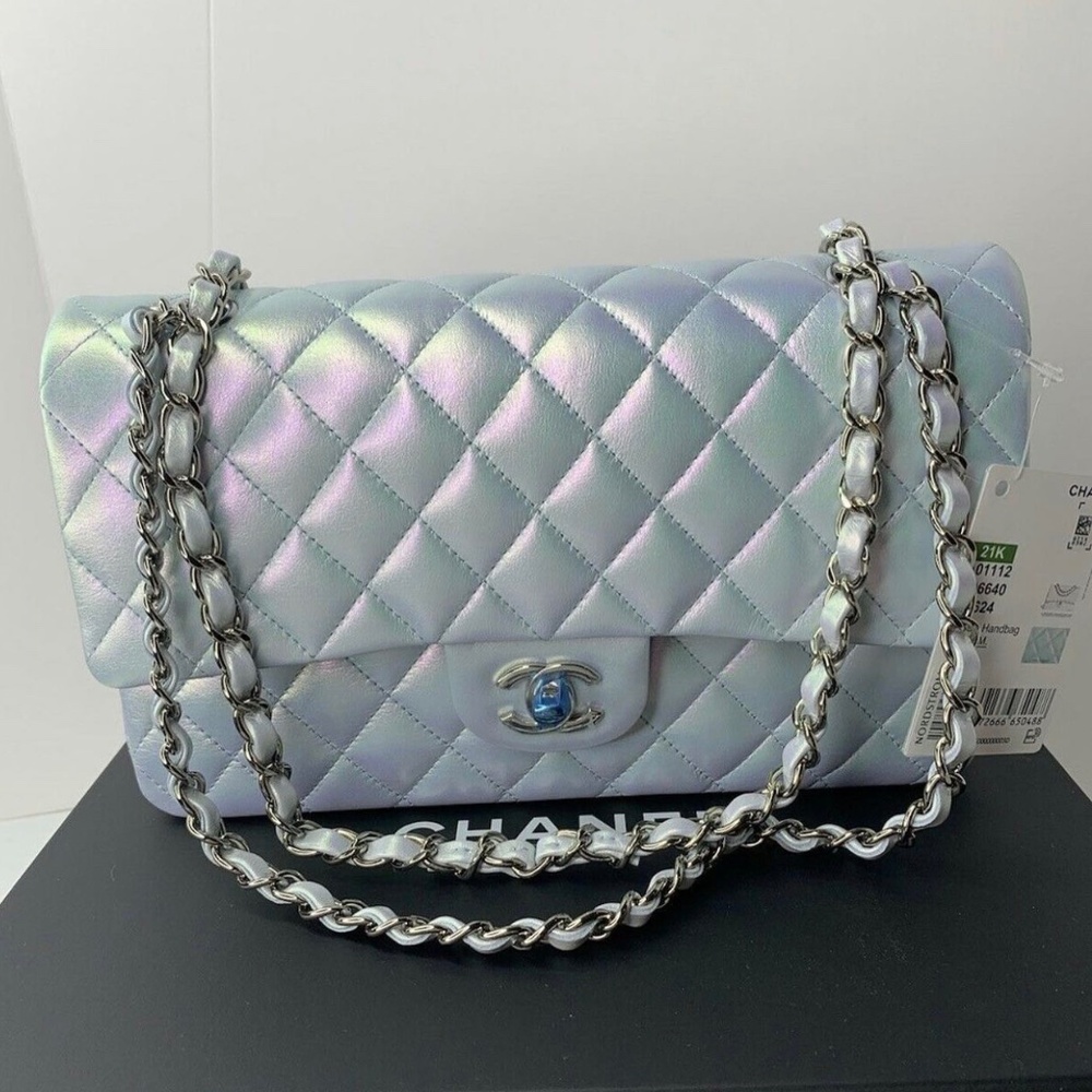 CHANEL 21K MEDIUM IRIDESCENT ICY BLUE DOUBLE FLAP BAG